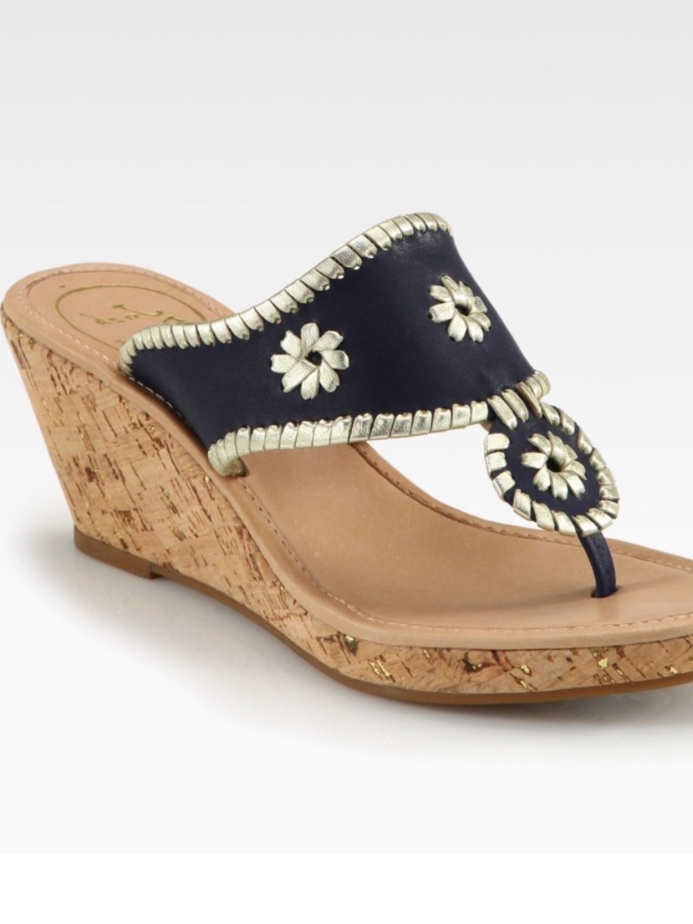 Jack Rogers Navy and Gold Marabella Cork Wedge Sandals